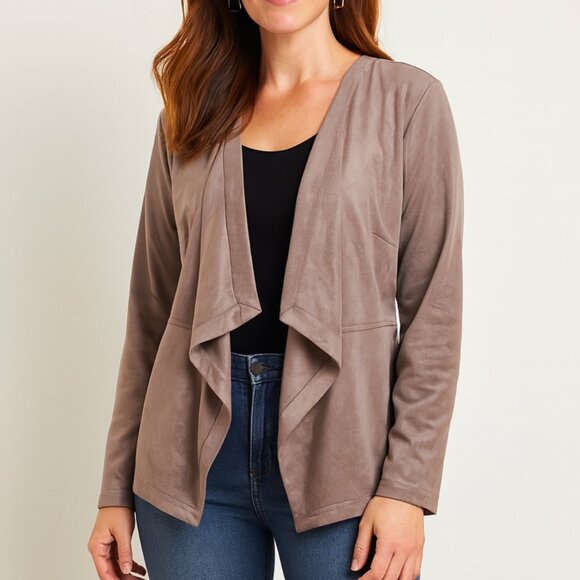 J. Jill Faux Suede Waterfall Jacket L NWT Sandalwood Open Front Draped Soft Luxe - Picture 1 of 10